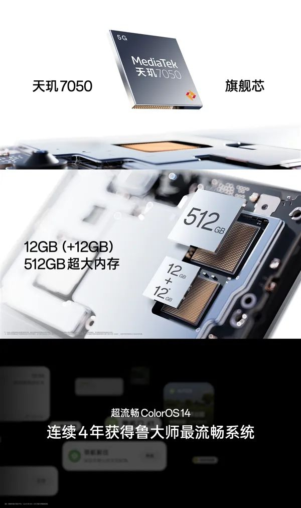 oppo a3 pro采用明眸护眼oled屏幕,搭载联发科天玑7050处理器,最高