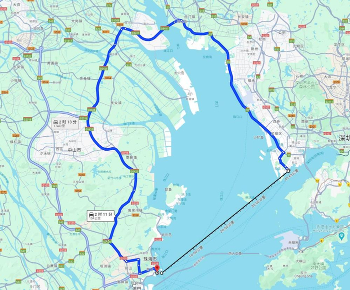 使用evtol从深圳直飞珠海只需要20分钟，而开车需要绕行整个湾区耗时两个半小时