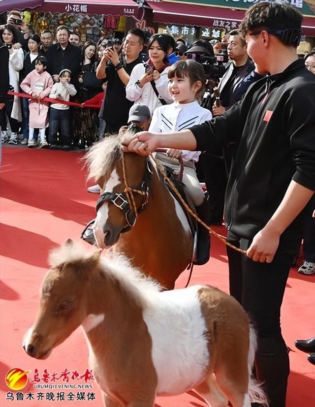 　　4月11日，在大巴扎步行街，新疆古生态园汗血宝马基地小矮马巡街表演互动吸引不少游客参与。记者陈岩摄