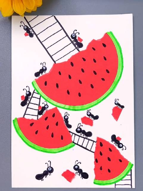 空闲时间和孩子一起做一副简单有趣的手工画吧搬西瓜的小蚂蚁