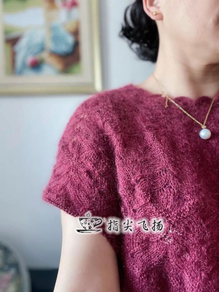 波澜云马蔓越莓色轻薄马海毛小衫花型超美附图解