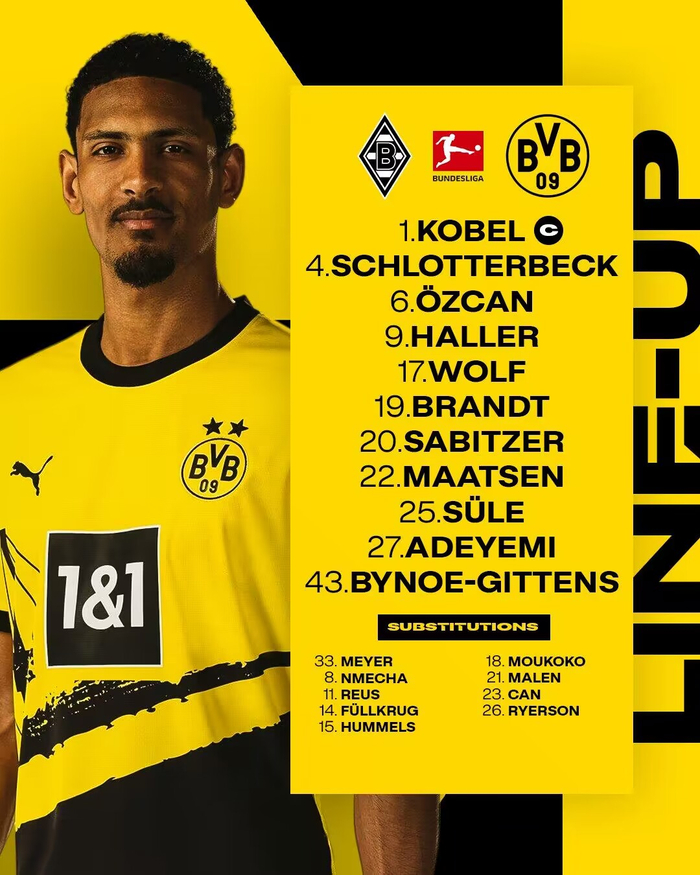 多特客战门兴首发:桑乔缺席,阿莱先发,阿德耶米,萨比策出战|多特蒙德