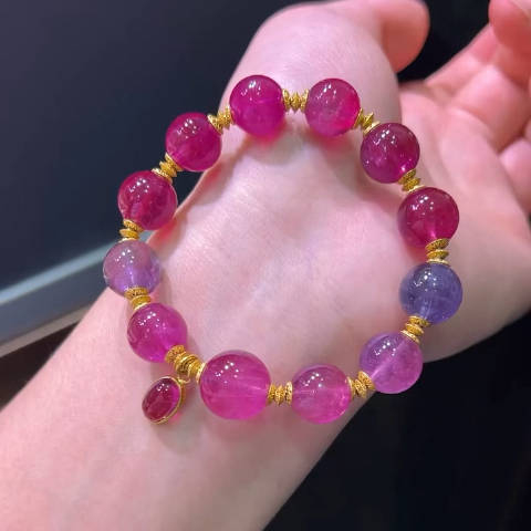 稀有大颗粒双桃红碧玺手链隔珠为薰衣草紫