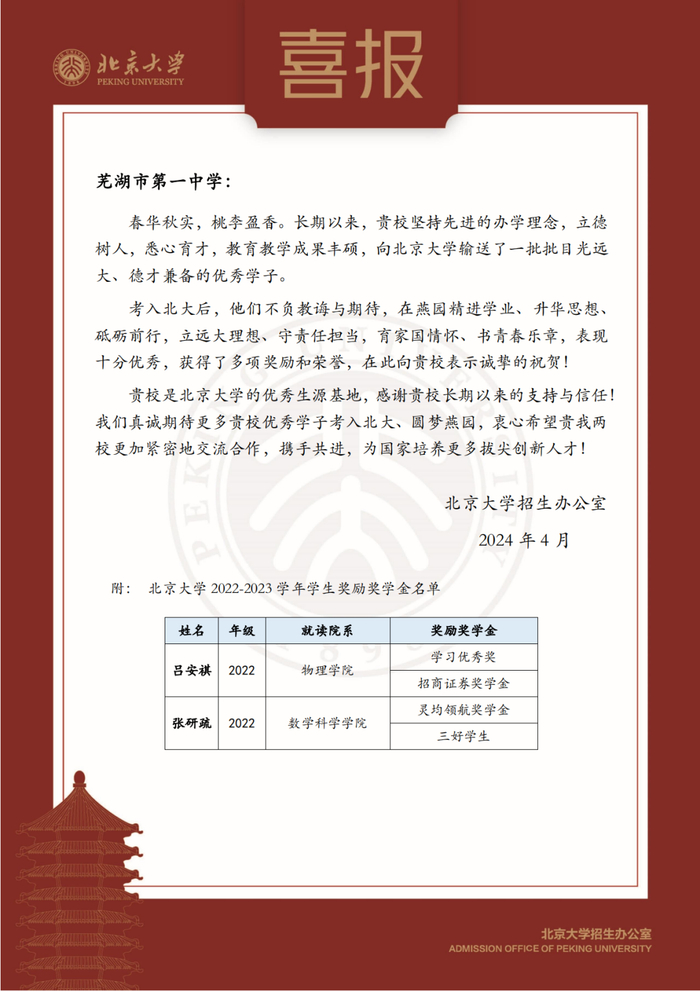 他们分别是:4月13日,芜湖市第一中学收到来自北京大学的喜报
