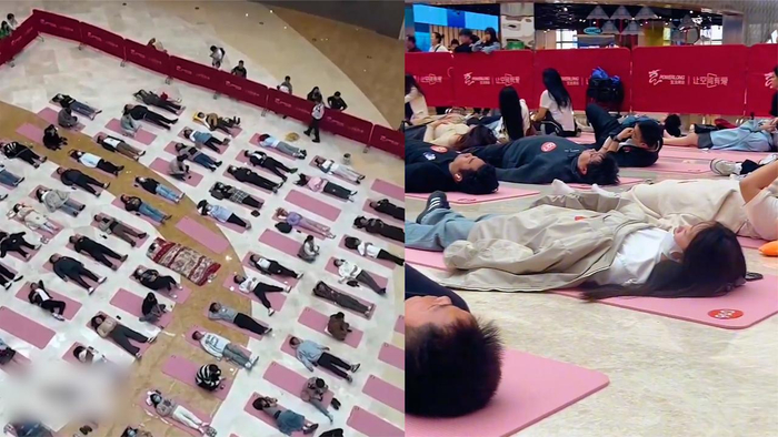 商场举办发呆大赛众人躺平一动不动太壮观冠军凭实力躺赢