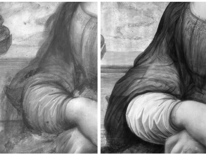 红外线成像下的卢浮宫《蒙娜丽莎》（左）和普拉多蒙娜丽莎（右）