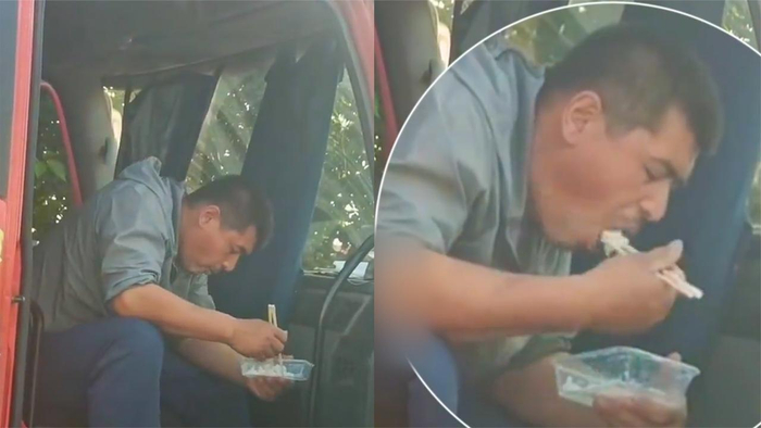 货车司机趁休息时间吃饭,一盒凉米饭将就填饱肚子,不容易!