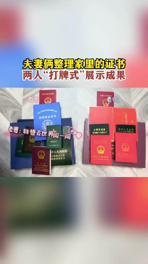 夫妻俩整理家里的证书,两人"打牌式"展示成果