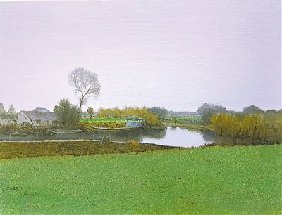 油画《山村雪霁》,作者沈行工.油画《松影婆娑》,作者张冬峰.