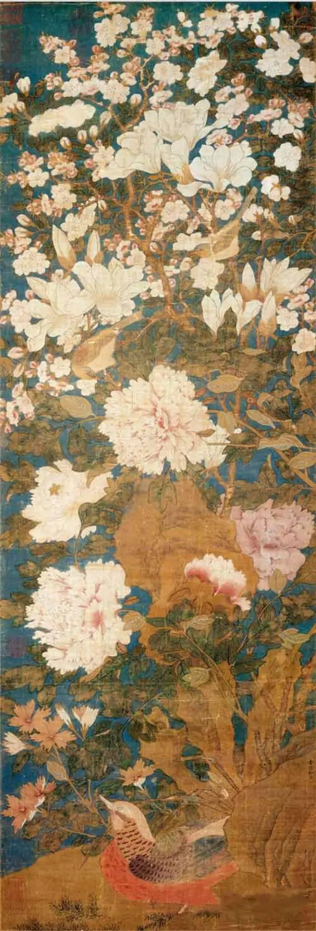 中国古代著名花鸟画画家徐熙的这幅画,将牡丹和玉兰,海棠相配,因此得