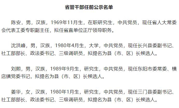 其中,现任东阳市委常委,横店镇党委书记的刘熙(1989年9月出生)拟提名