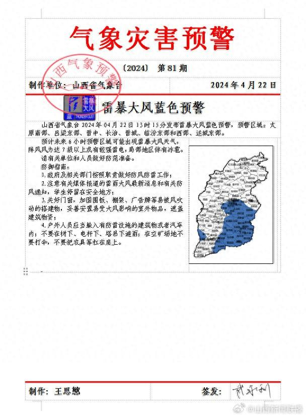 大风蓝色预警,预警区域:太原南部,吕梁东部,晋中,长治,晋城,临汾东部
