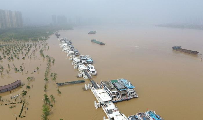 4月22日，广东省清远市，洪峰过境，北江南岸码头一带依然洪水滔滔，树木和部分建筑物浸泡在洪水中。