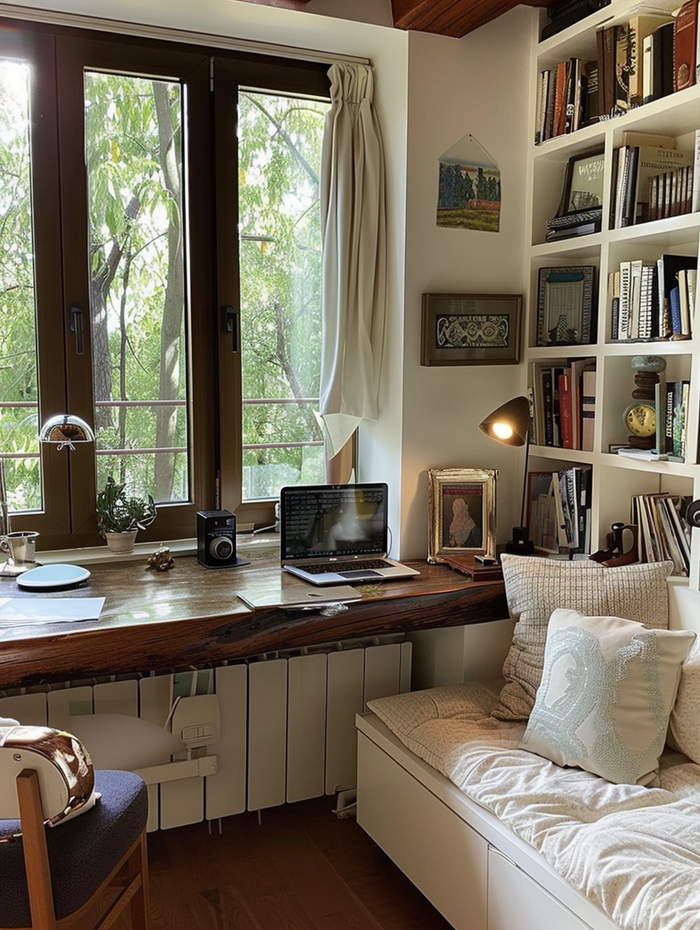 卧室做一面靠窗书桌书柜太正确,窗户变观景书房,在家办公太爽了