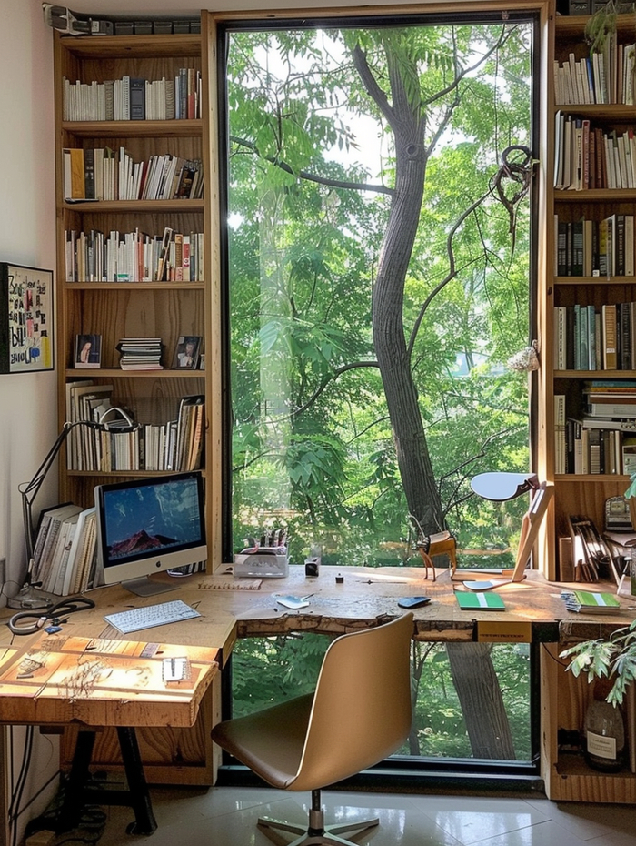 卧室做一面靠窗书桌书柜太正确,窗户变观景书房,在家办公太爽了