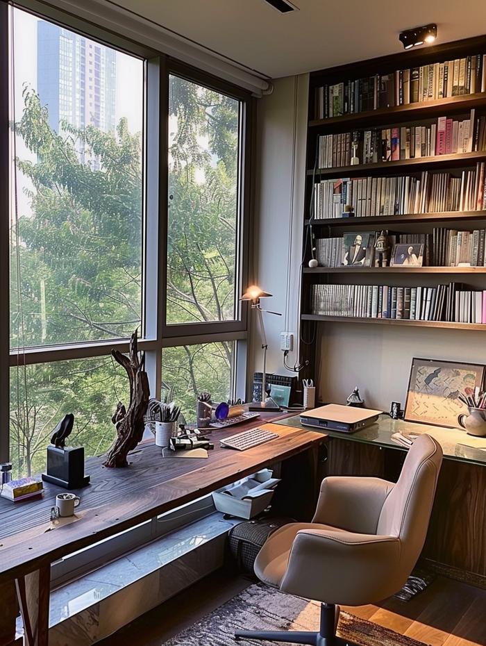 卧室做一面靠窗书桌书柜太正确,窗户变观景书房,在家办公太爽了