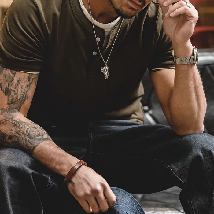 欧美硬汉必备亨利领230g重磅纯棉亨利衫微弹硬汉t恤 经典4色可选粉丝