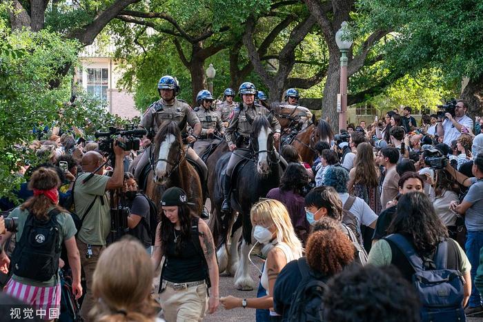 当地时间4月24日，美国得克萨斯州奥斯汀，得克萨斯大学校园内，骑警在马背上驱散抗议学生  图源：视觉中国
