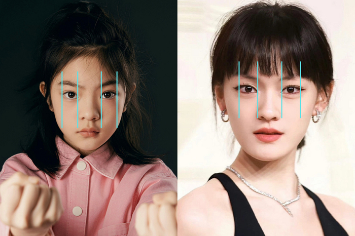 上图中杨恩又（左）的眼宽与眼距比约为1:1.4，文淇（右）约为1:1.2