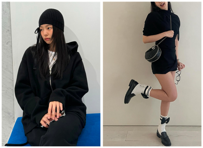 all black look,只是在帽檐和袜子上随意点缀蝴蝶结就让造型尽显魅力