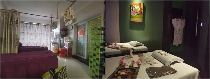 图 | 左为简陋的家庭式按摩店；右为品牌连锁按摩店