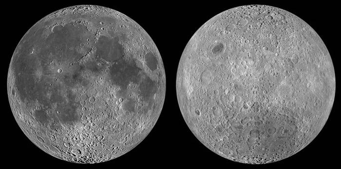 人类在地球上永远只能看到的月球正面（左）和看不全的背面（右）。图片来源于NASA