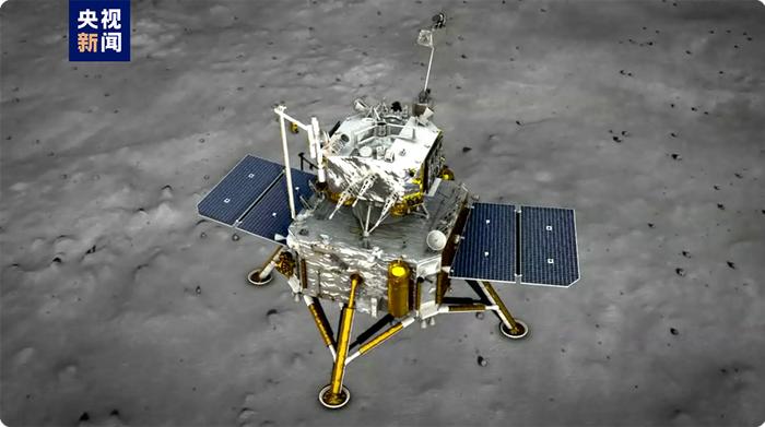 嫦娥六号着陆月球模拟图。本文图片来源：央视新闻、国家航天局