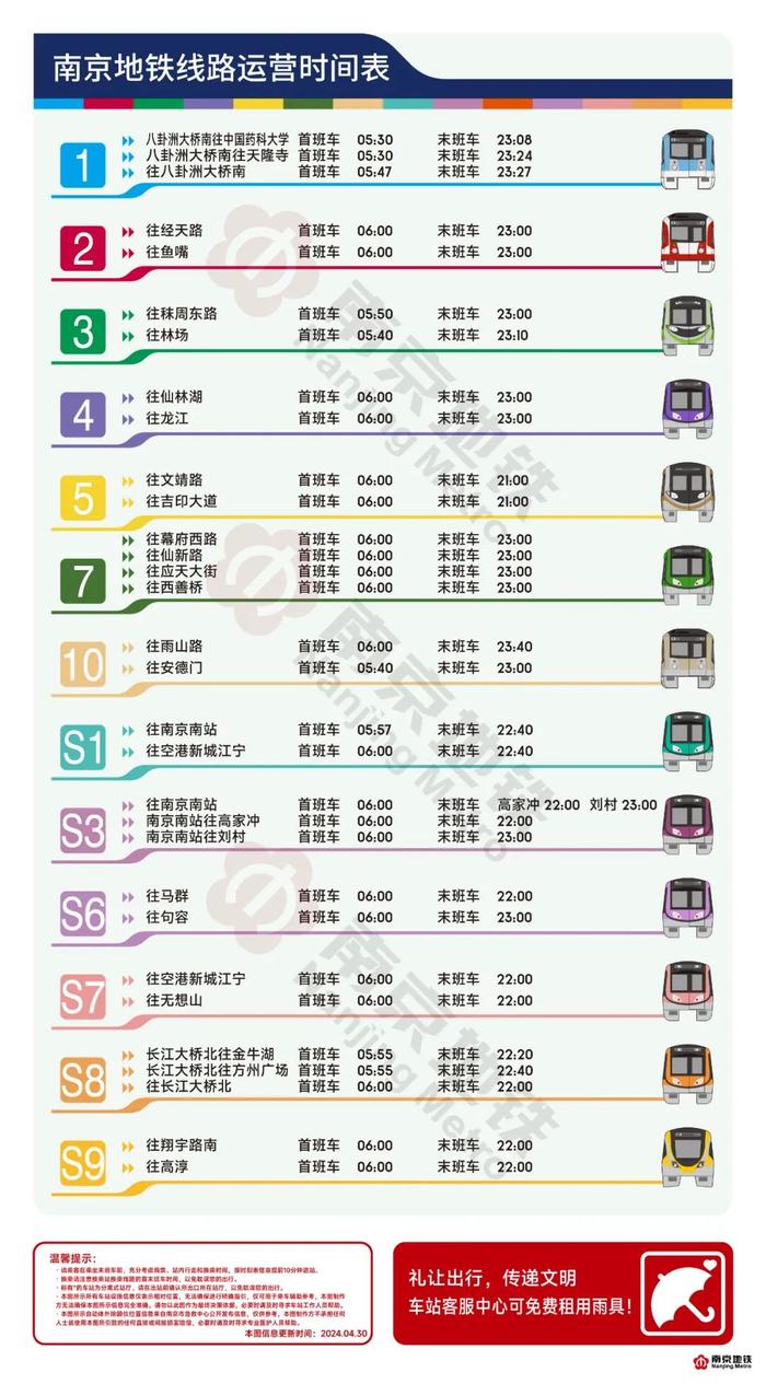 南京地铁发布最新运营时间！