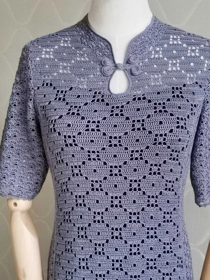 灰姑娘,喵夫人夏至钩针编织水滴领国风连衣裙赏析