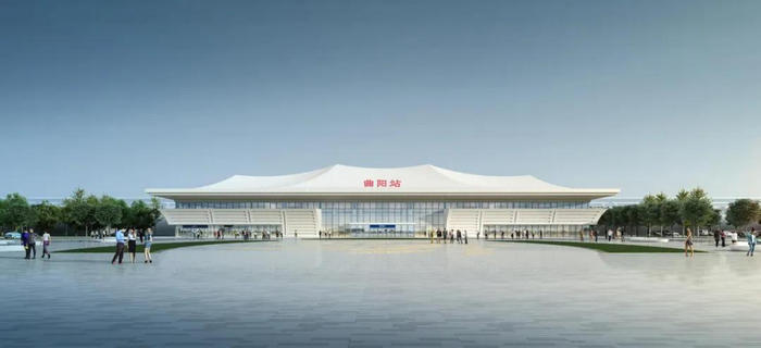 曲阳站位于保定市曲阳县为线侧下站房以"天工巧匠,灵秀曲阳,精雕细琢