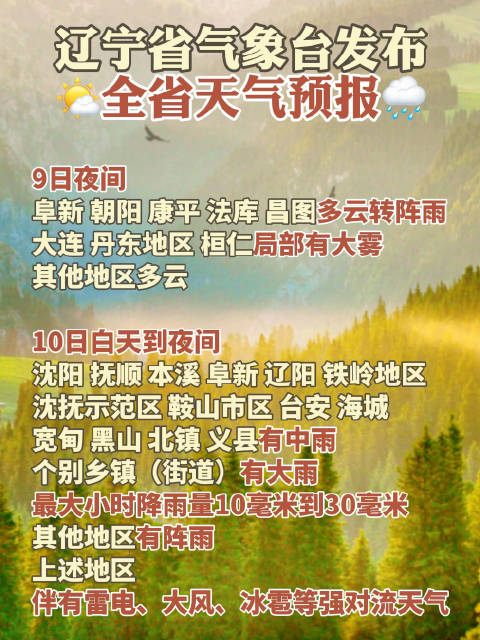 辽宁省气象台5月9日17时发布全省天气预报:9日夜间