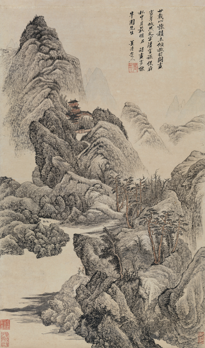 《寄怀半园先生山水图》清  吴历  轴  纸本  墨笔 纵 64.8 厘米  横 38.4 厘米 天津博物馆藏