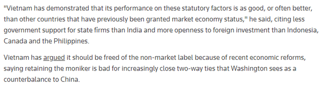 “华盛顿认为这种关系（越南的非市场经济地位）是对中国的制衡” 媒体报道截图 