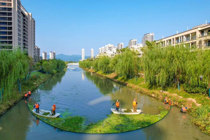 湖州南太湖新区滨湖街道北河,护水队员正在清理湖面漂