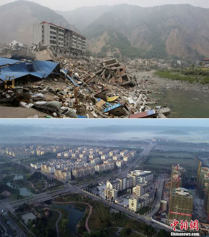 上图为2008年5月16日，北川被毁的老城区。来源：视觉中国