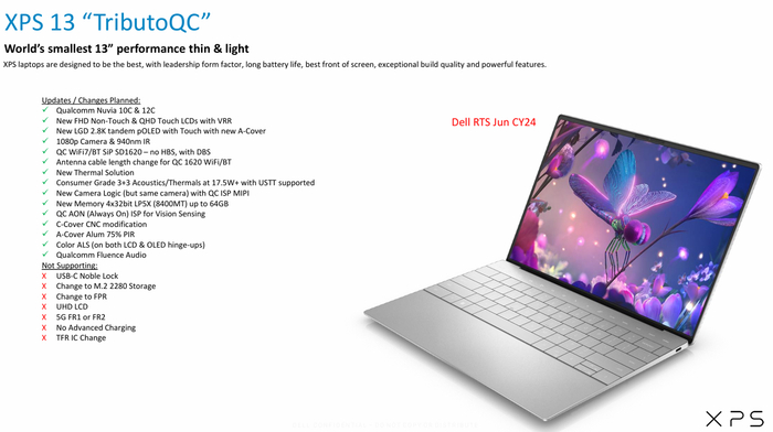 戴尔 xps 13 9345 笔记本泄露:骁龙 x 处理器,tandem oled 屏幕