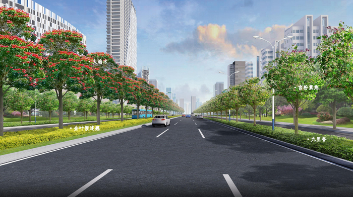 西华洋片区市政道路二期绿化工程效果图在绿化工程现场,只见挖土机