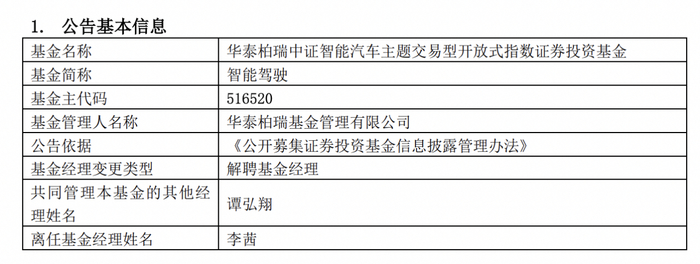 华泰柏瑞基金李茜离任三只产品基金经理职务