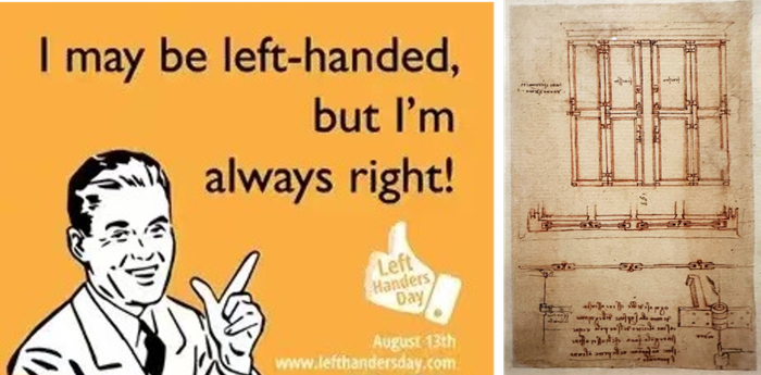 图 6. “左撇子”国际日标语与达·芬奇在《大西洋古抄本》中的镜像书写手稿。