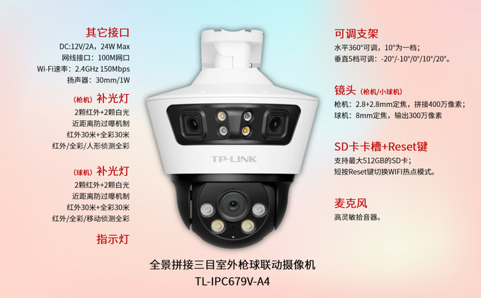 tp-link 推出 tl-ipc679v-a4 三目摄像头:支持 32:10 全景拼接
