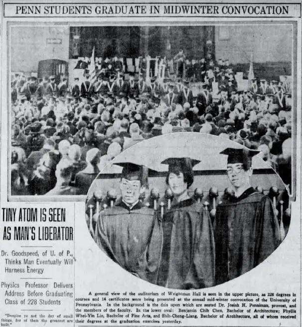 1927年2月12日，林徽因、陈植与梁思成学士毕业礼，被当地媒体报道。受访者供图