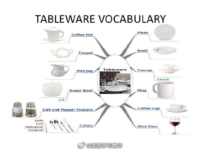 rice bowl 饭碗;chopsticks 筷子;dish 碟;plate 盘;saucer 小碟子