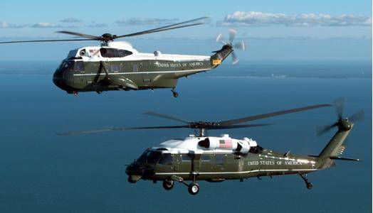 老旧的VH-3“海王”直升机和VH-60组成的“陆战队一号”机队 图片来源：美国海航官网