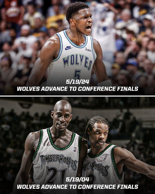 5月19日，在加内特的生日，森林狼再次复制了打进西决的神奇。