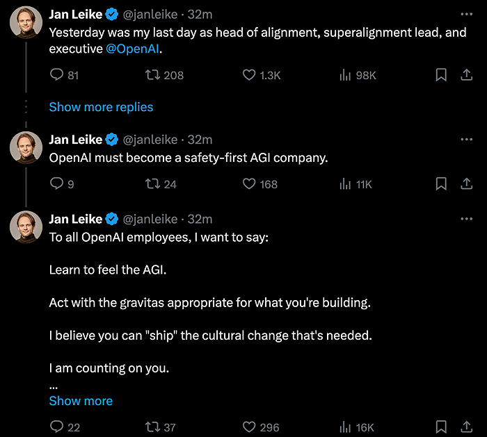图：Jan Leike对OpenAI的最后寄托