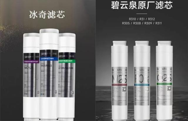 冰奇滤芯产品和碧云泉滤芯产品对比。资料图片