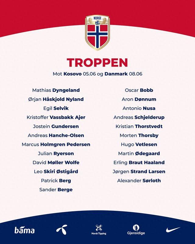 挪威友谊赛名单:哈兰德,厄德高领衔,索尔罗特,奥斯卡鲍勃在列