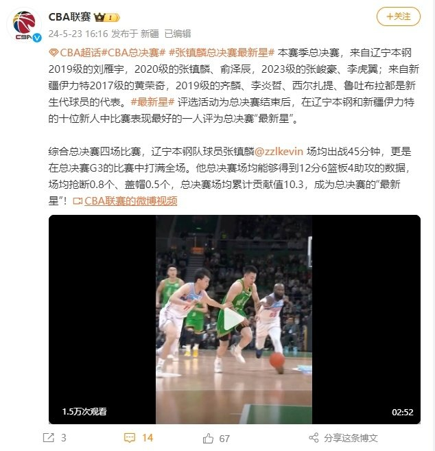cba官方:辽宁队球员张镇麟当选总决赛"最新星"