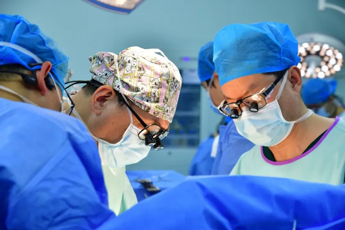 董家鸿院士、曾仲主任、卢倩主任、黄汉飞主任吻合移植肝脏血管/图片来自昆医大附一院