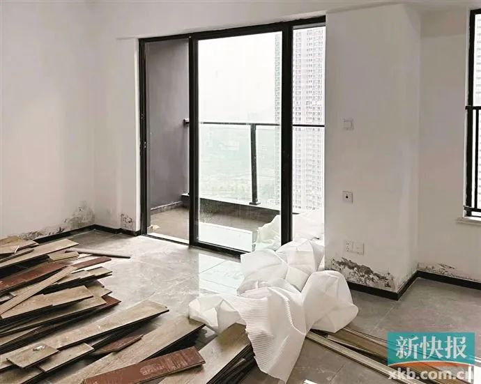 ▲佛山金辉辉逸云庭的业主1月初验房发现，玄关及客厅墙面靠近踢脚线的多处位置被铲开。受访者供图